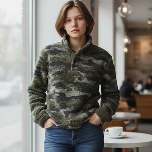 🆕️Como Vintage Cozy Camouflage Longsleeve Sherpa Pullover. Size: M, LG, XL.